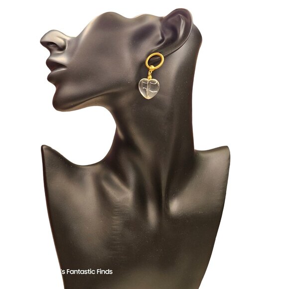 Clear Lucite Heart Drop Earrings Gold Tone 1980s Post Back‎ - Picture 5 of 6